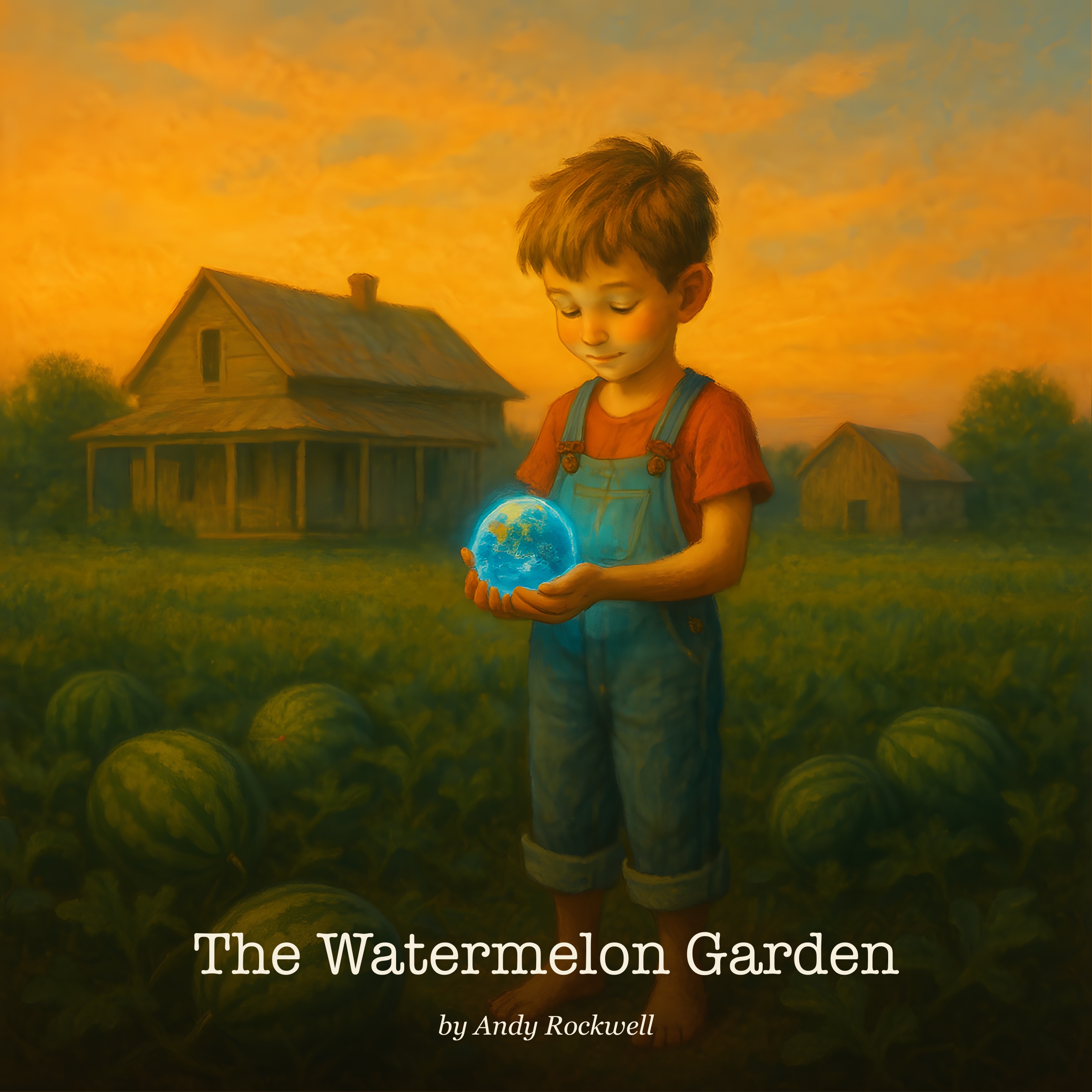 Cover of The Watermelon Garden: a barefoot boy in blue overalls stands in a watermelon field at sunset, cupping a small glowing blue Earth in his hands, an old farmhouse behind him.